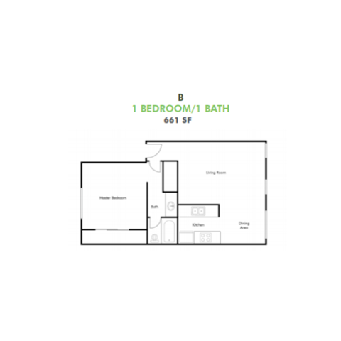 Floor plan for 1 bed, 1 bath, 661 sqft